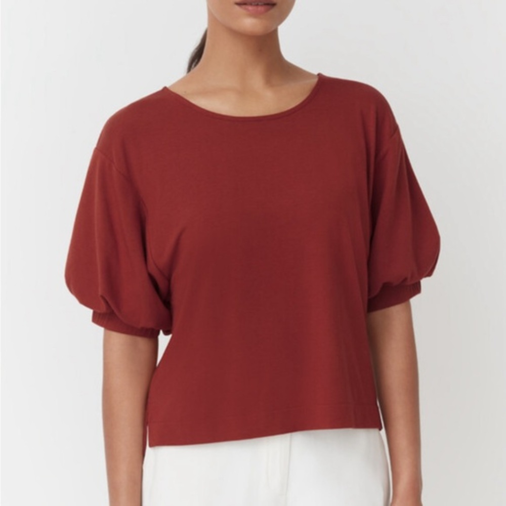 Cuyana Balloon Sleeve T-Shirt Burgundy Red Solid Size XS